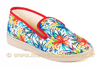 Pantoufle charentaise pour femme dessin fleuri multicolore/rouge